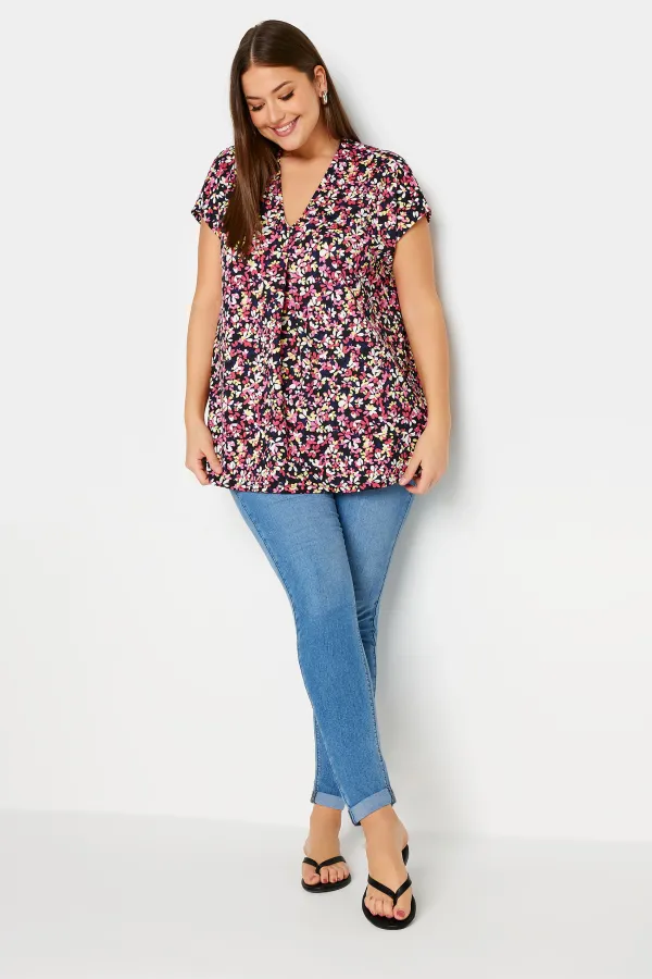 YOURS Curve Blue Leopard Print Pleat Front Blouse