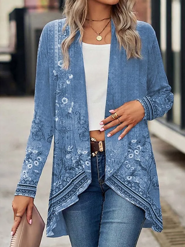 Women's Casual Jacket Outdoor Oversized Floral Print Breathable Loose Fit Outerwear Long Sleeve Spring Fall White Daily Street Vacation