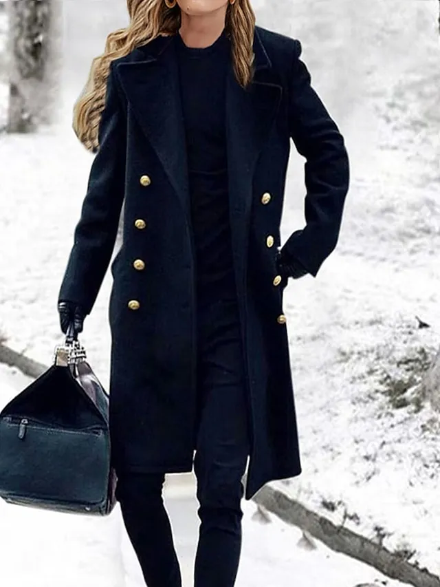 Women's Pea Coat Winter Coat Double Breasted Lapel Overcoat Warm Windproof Long Coat Trench Coat Navy Blue