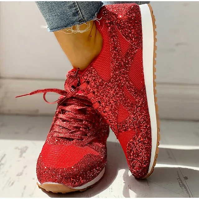 Women's Trainers Athletic Shoes Sneakers Sequins Plus Size Bling Bling Sneakers Outdoor Daily Summer Sequin Platform Flat Heel Round Toe Sporty Classic Casual Tennis Shoes Walking Mesh Lace-up Color