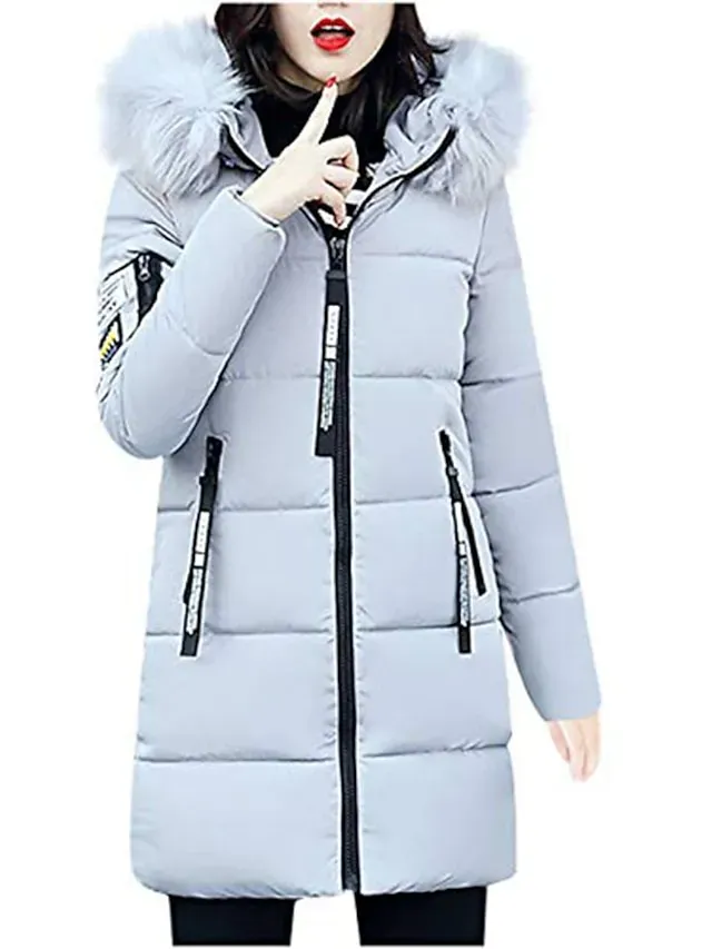 Women's Puffer Jacket Long with Pockets Slim Fit Fur Collar Coat powder Bean Green White Black Gray Classic Style Christmas Winter Zipper Hoodie Regular Fit M L XL XXL XXXL / Daily / Windproof