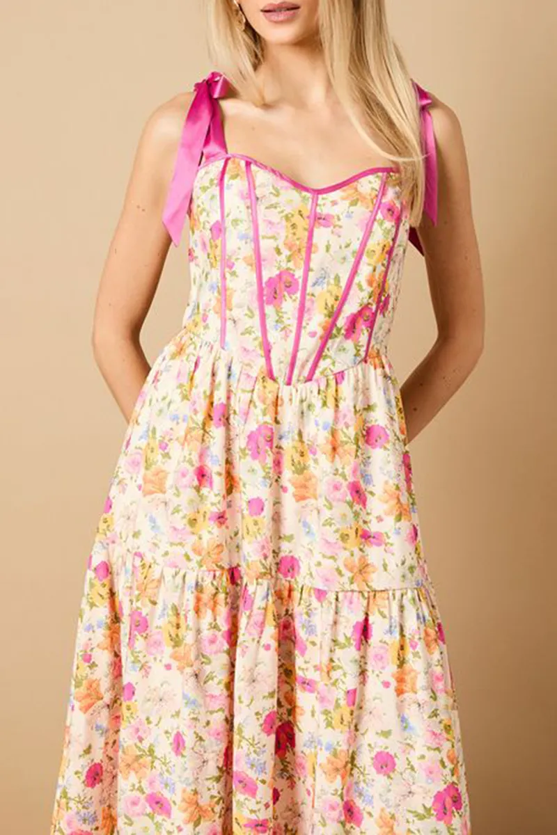 Casual Style Corset Detail Bow Tie Strap Dress