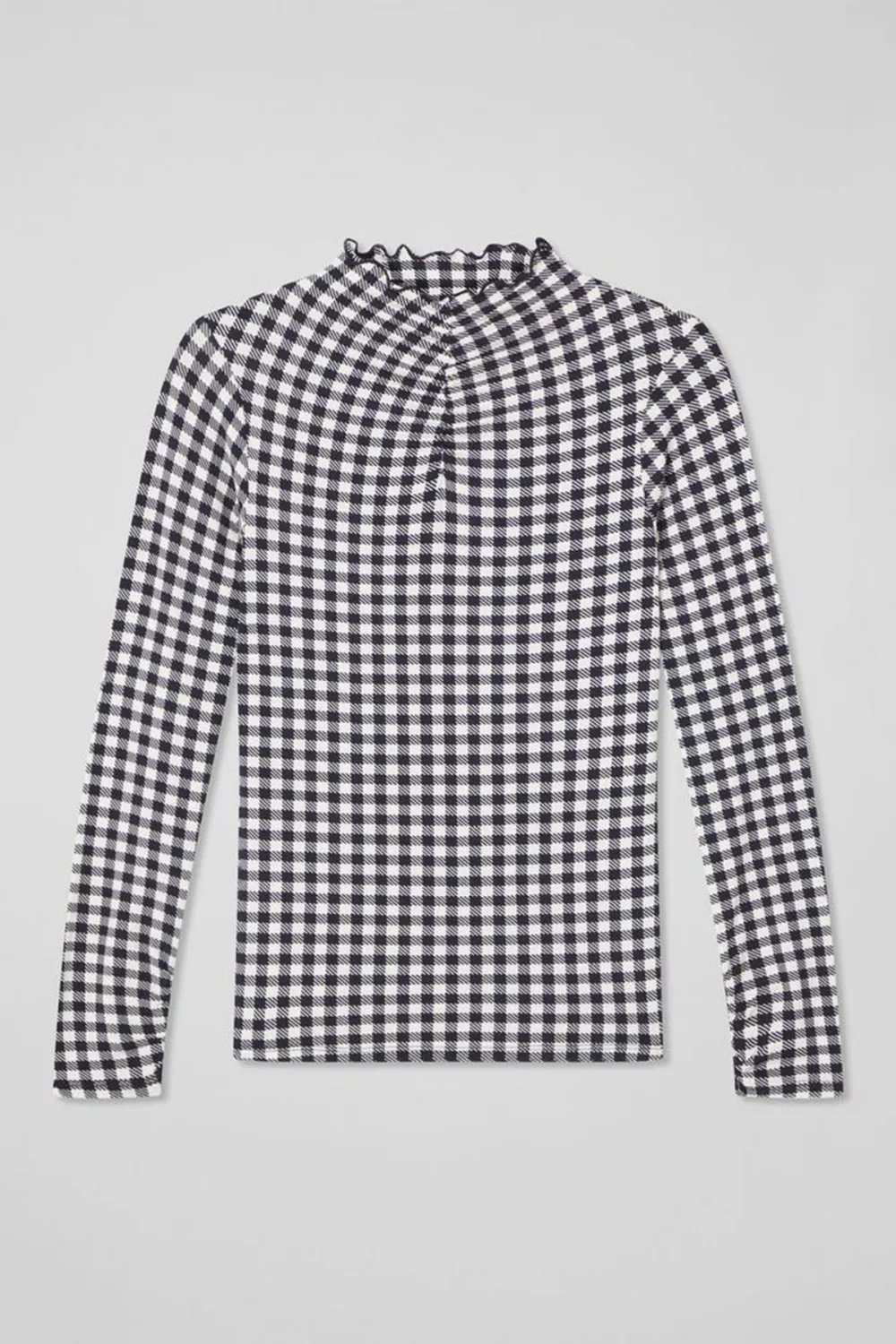 Black Cream Checkered High Neck Long Sleeve Top