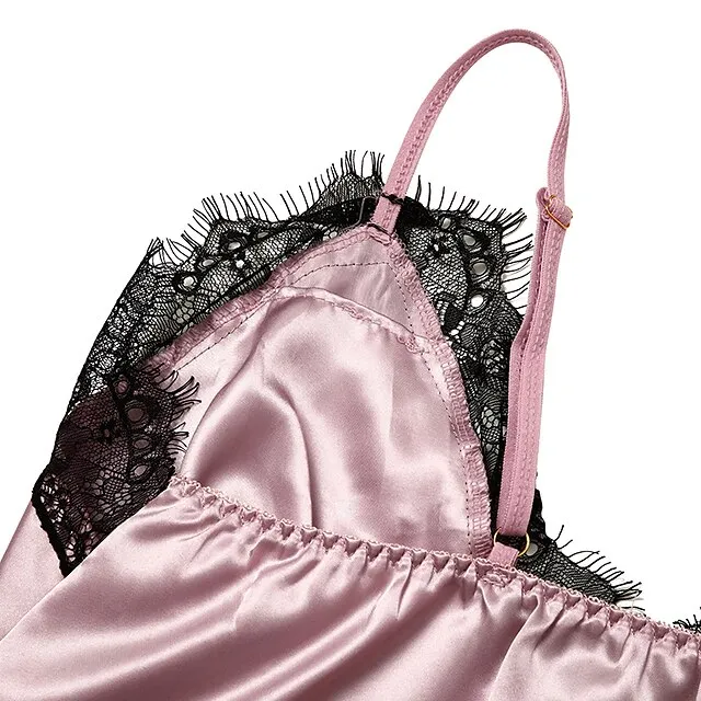 Women's Lace Satin Silk Pajamas Sets 4 Pcs Home Party Daily St.Patrick's Day Elastic Waist Pure Color Satin Simple Casual Soft Strap Top Shorts Fall Winter Spring Strap Short Sleeves Long Sleeve