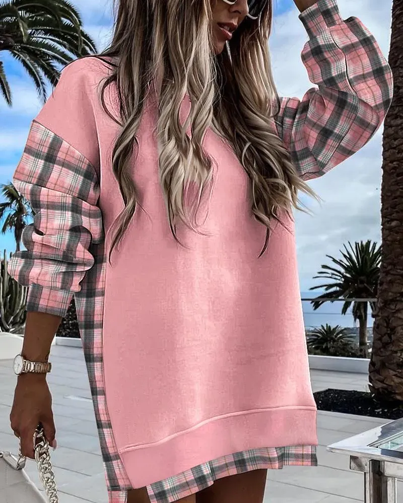 Plaid Print Colorblock Long Sleeve Sweatshirt Dress