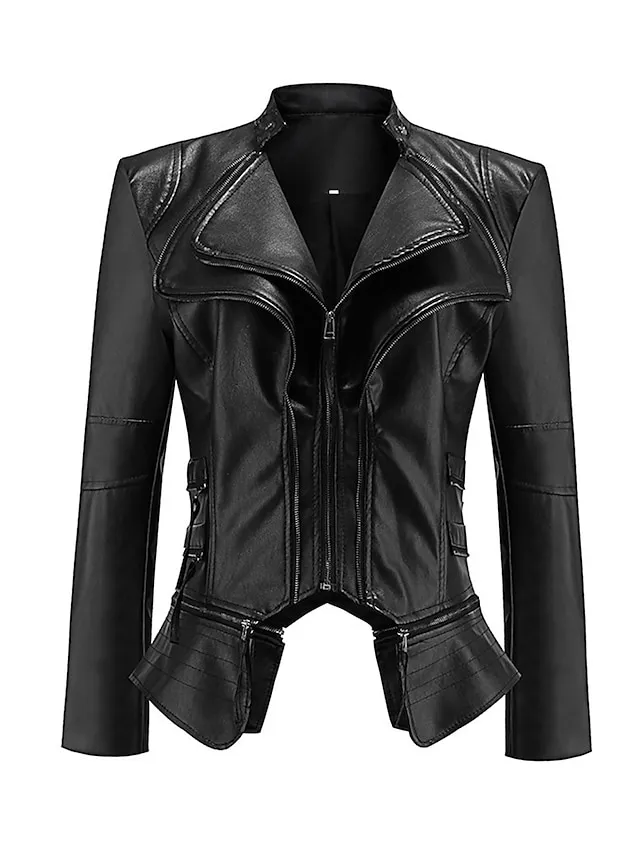 Women's Faux Leather Jacket Waterproof Warm Outdoor Street Daily Going out Zipper Pocket Zipper Turndown Active Fashion Casual Solid Color Regular Fit Outerwear Long Sleeve Fall Winter Black M L XL