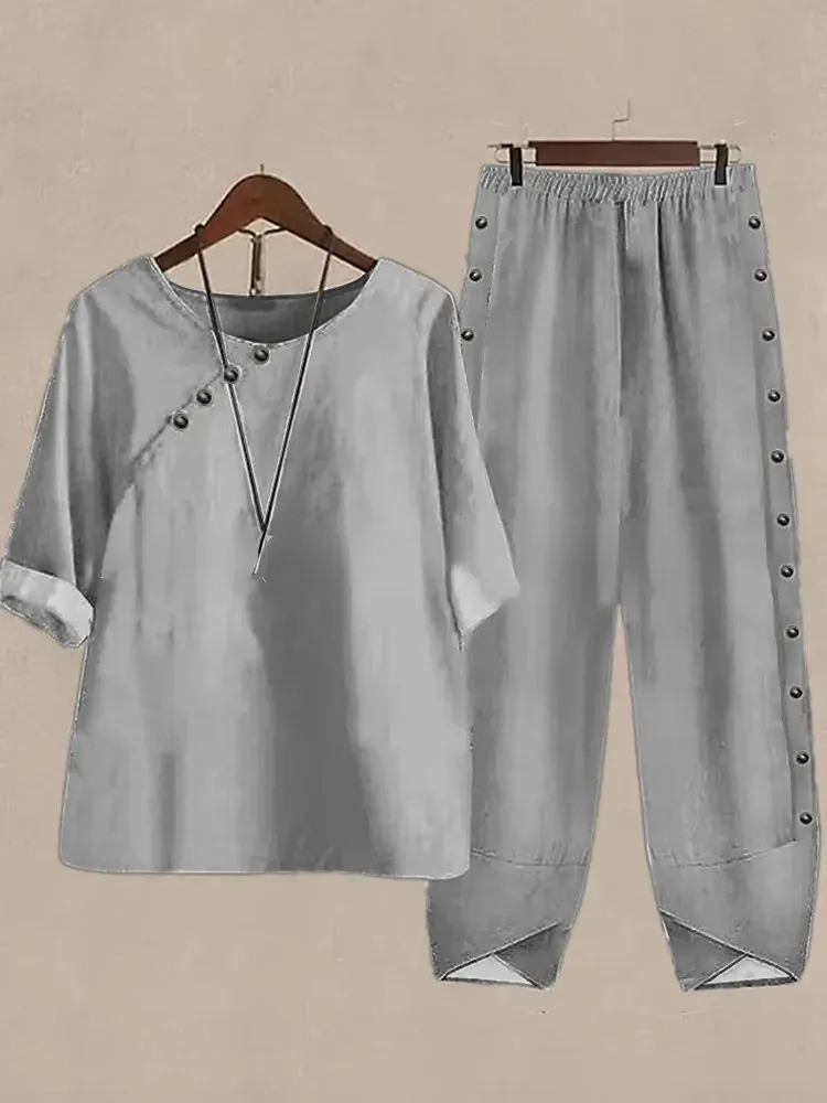 5/4 Sleeved Cotton Linen Top And Pants Two-piece Set