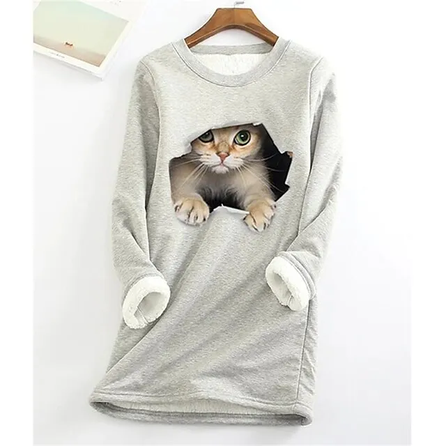 Women's Plus Size Sweatshirt Pullover Cat Teddy Sherpa Fleece Denim Blue Black White Street Casual Round Neck Long Sleeve Top Micro-elastic Fall & Winter