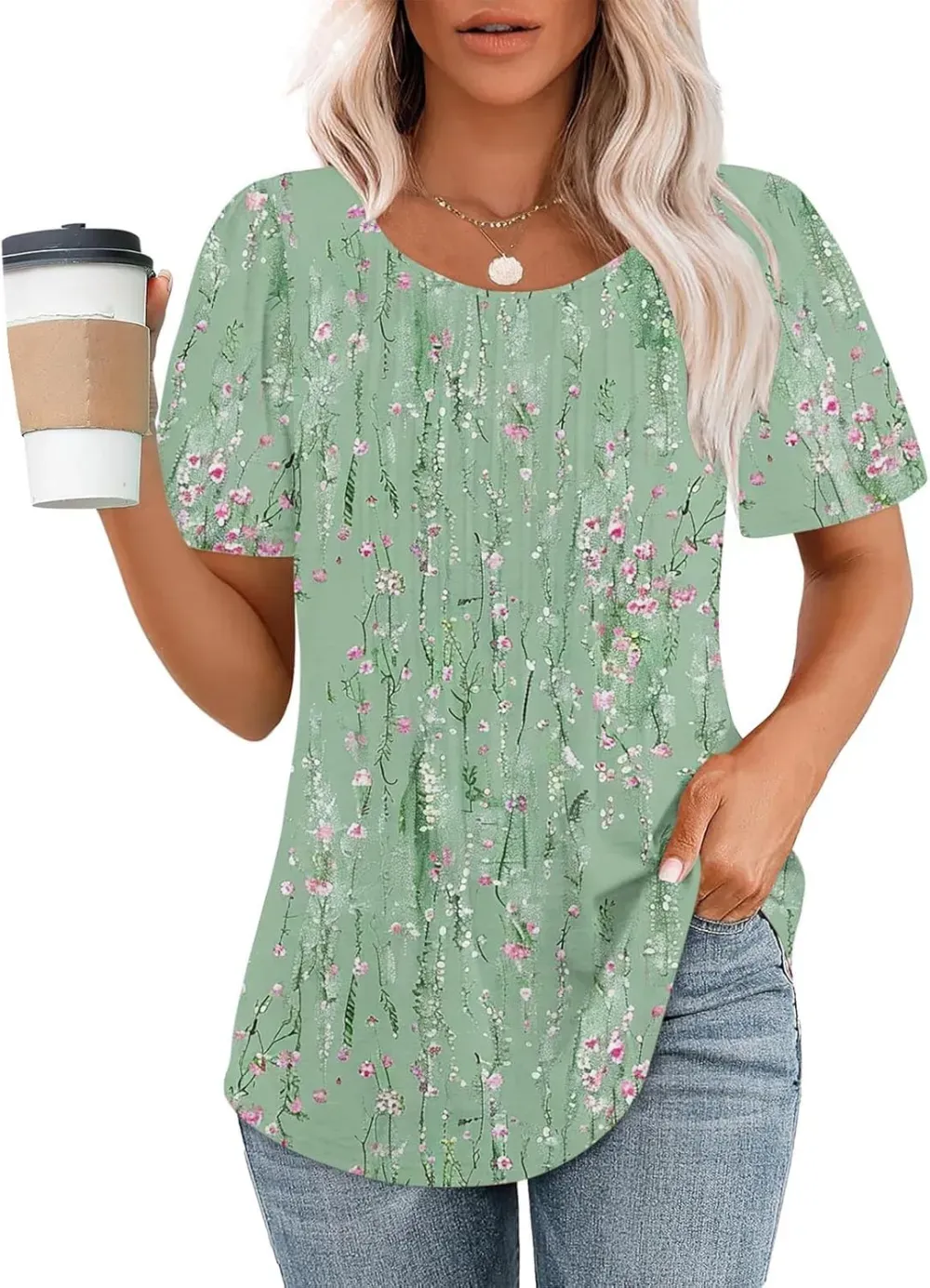 Womens Summer Pleated Front Shirts Tunics Casual Short Sleeved Loose Round Neck Boho Printed Tops Vacation Blouse