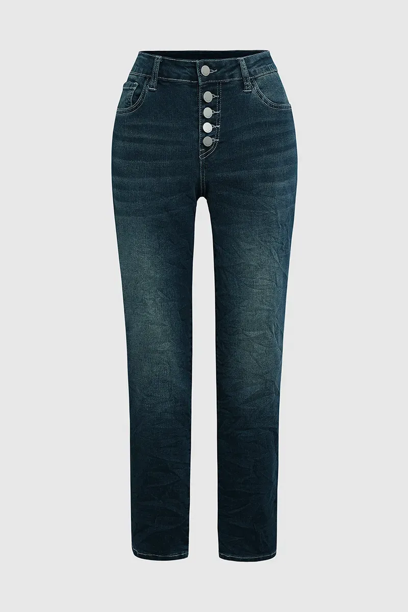 Button Up Roll Hem Low Waist Straight Leg Jeans