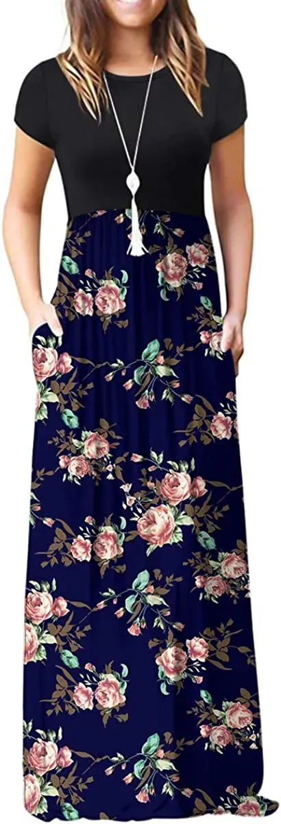 Women's Short Sleeve Loose Plain Maxi Dresses Casual Long Dresses with Pockets