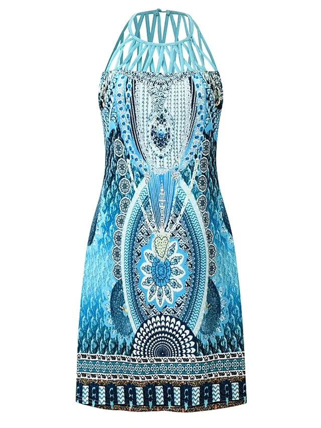Women's Casual Dress Mini Dress Blue Sleeveless Print Print Spring Summer Halter Casual 2023 S M L XL XXL 3XL