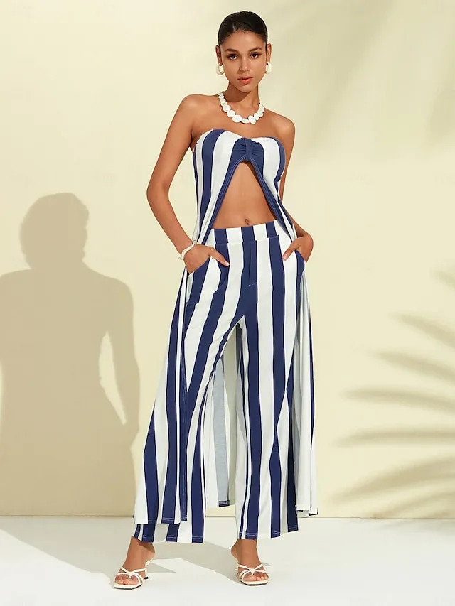 Striped Strapless Pocket Beach Jumpsuit