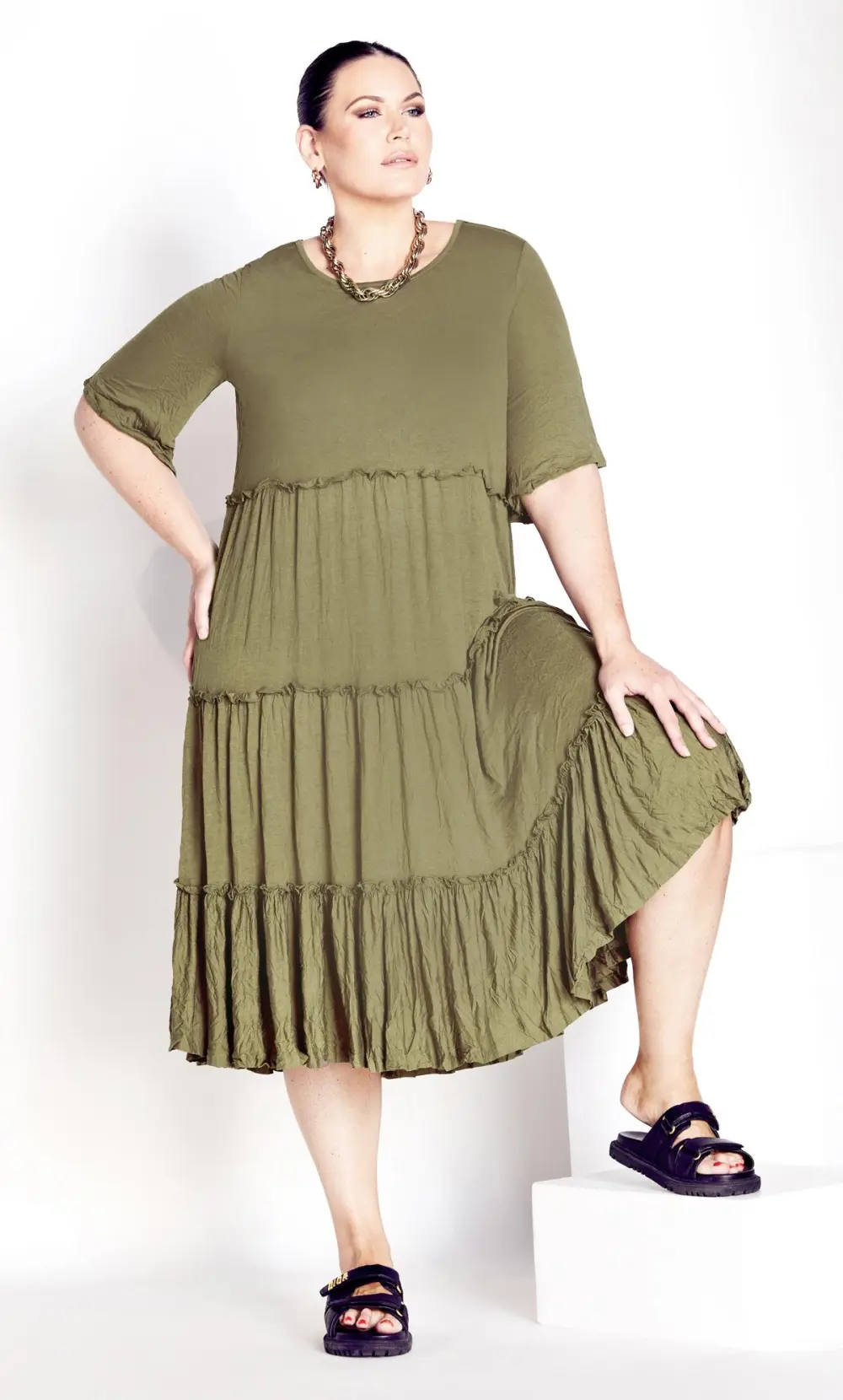 Evans Khaki Tiered Midaxi Dress