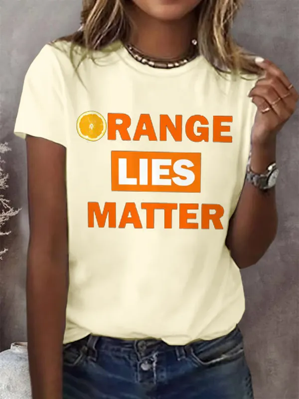 Women'S T-Shirt Vintage Orange Lie Print T-Shirt Monogram Print Round Neck Cotton Short Sleeve