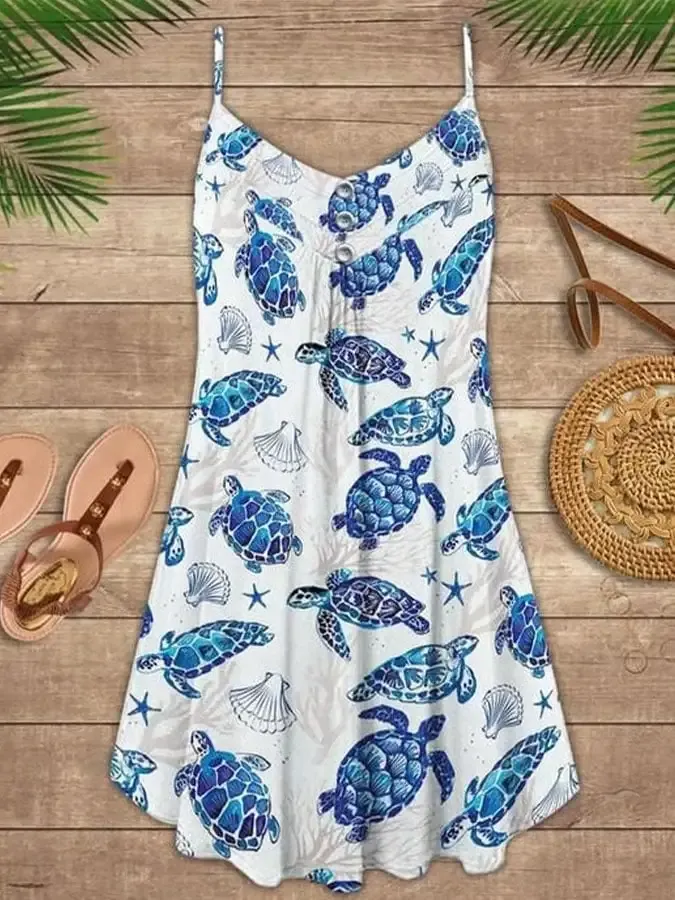 Vacation Sea Turtle Starfish Shell Print Spaghetti Strap Dress Swimsuit Coverup
