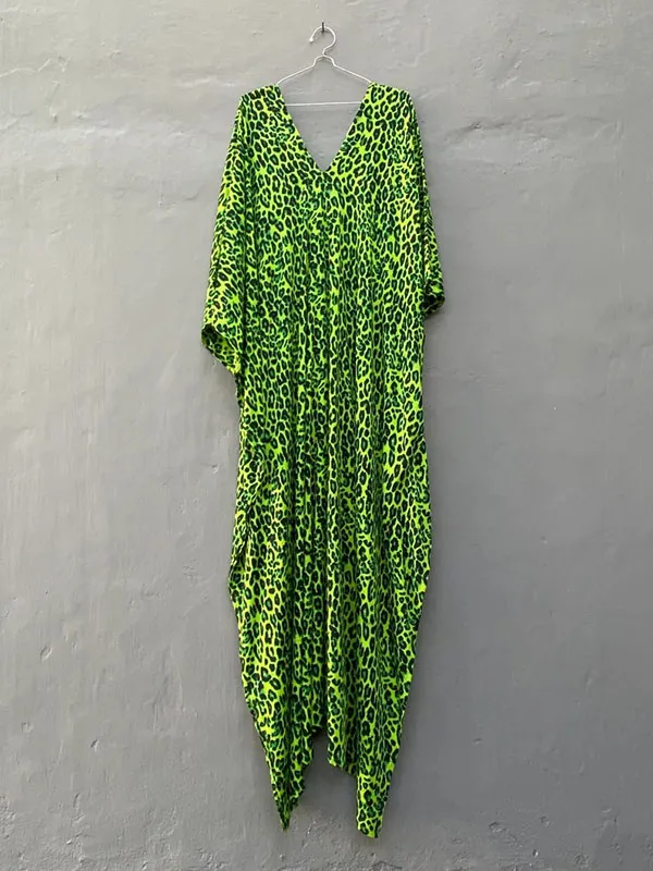 Green Leopard V-Neck Split-Side Batwing Sleeves Maxi Dress