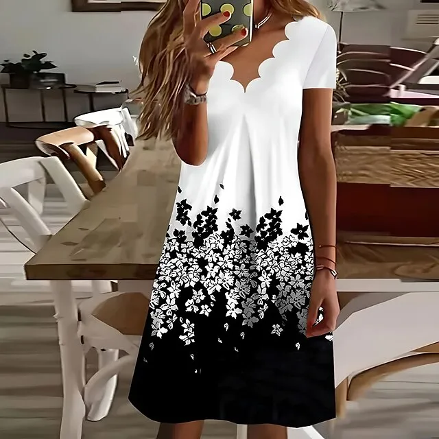 Women's Casual Dress Shift Dress Floral Dress Mini Dress Black And White Black White Short Sleeve Floral Print Summer Spring Scalloped Neck Fashion Vacation 2023 S M L XL XXL 3XL