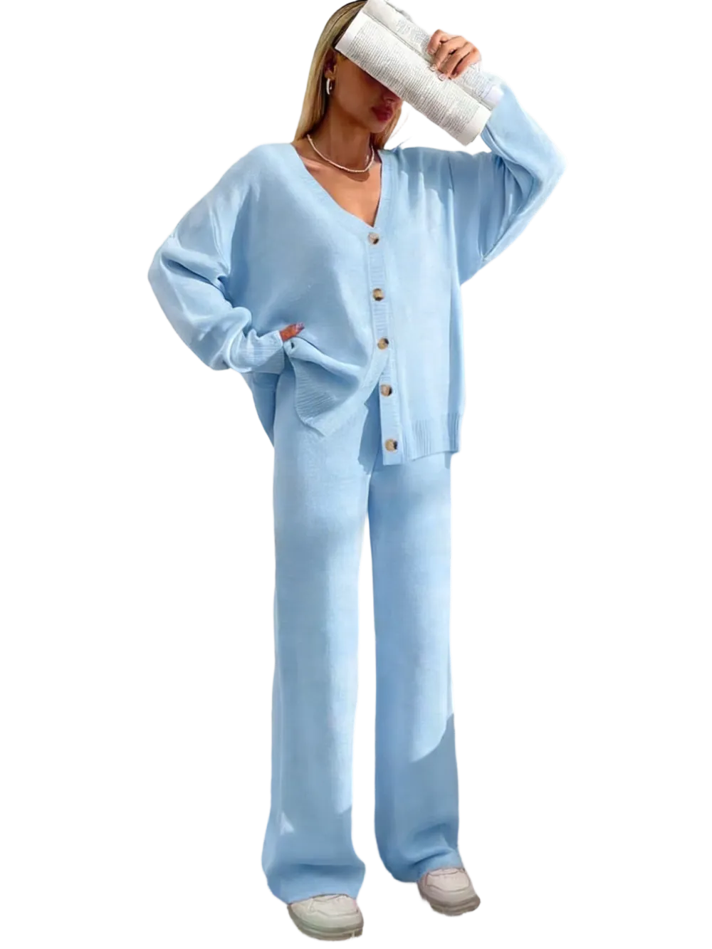 Women's Solid Color Off-Shoulder V-Neck Cardigan & Wide-Leg Pants 2-Piece Loungewear Set