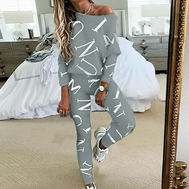 Women's Letter Print Lounge Sets Sweatsuit 2 Pcs  Crew Neck Long Sleeve Tops & Slim Pants Outfits Sport Comfort Home Street Vacation Polyester Off Shoulder Fall Winter S 2XL Black White
