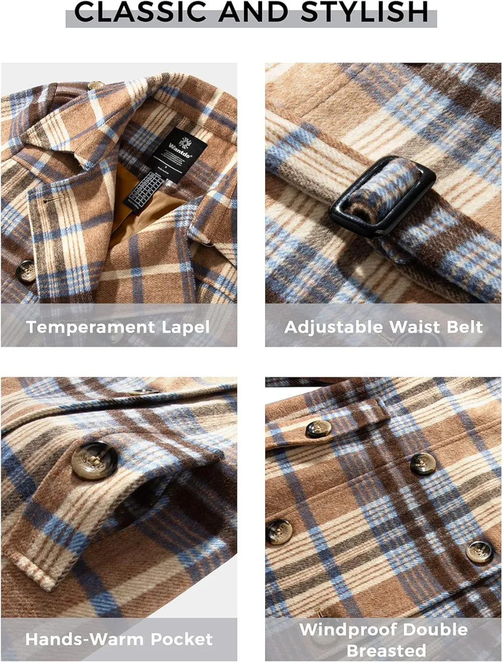 Women's Double Breasted Pea Coat Winter Mid-Long Trench Coat with Belt