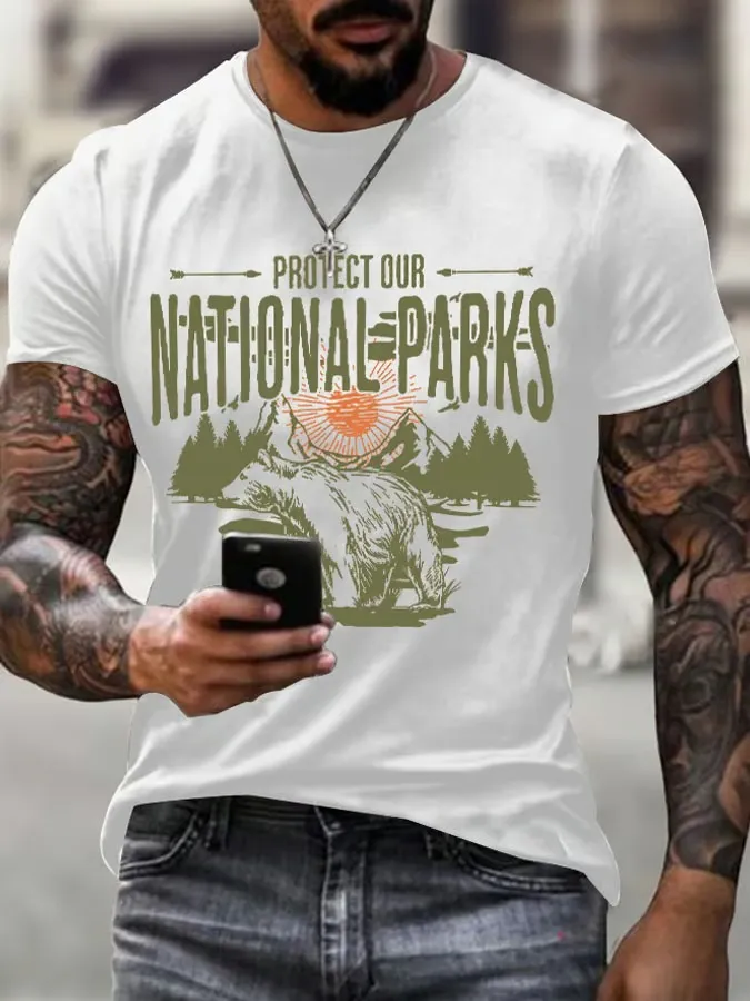 Men'S T-Shirt Men'S Protect Our National Parks Printed Crewneck T-Shirt Theme T-Shirt Pure Cotton