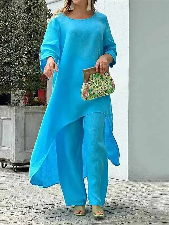 Women's Loungewear Sets Pure Color Fashion Simple Casual Street Date Airport Polyester Breathable Crew Neck Long Sleeve Pant Summer Spring White Yellow