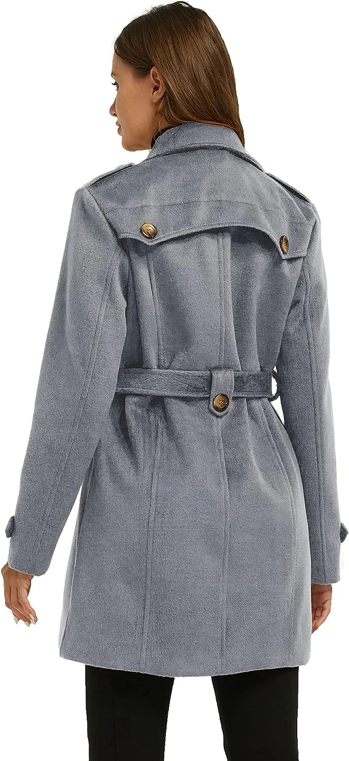 Women's Double Breasted Pea Coat Winter Mid-Long Trench Coat with Belt