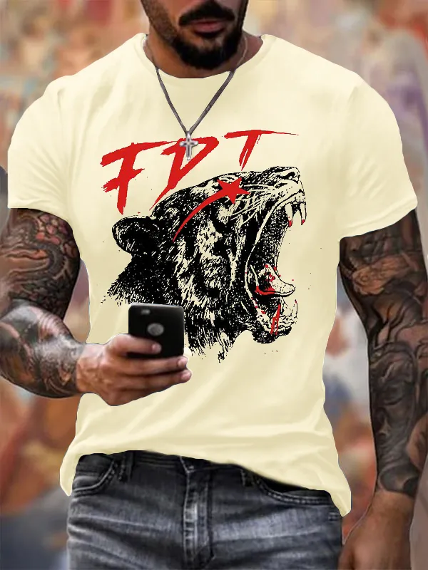 Men'S T-Shirt Men'S Vintage FDT Printed Casual Crew Collar T-Shirt Pure Cotton Short Sleeves