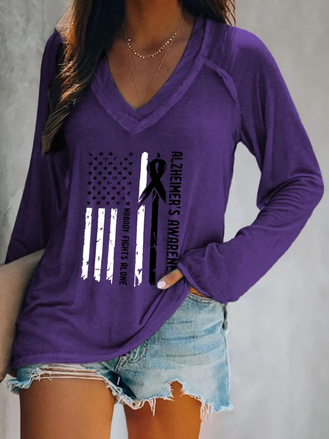 Women'S Alzheimer'S Awareness Nobody Fights Alone V-Neck T-Shirt