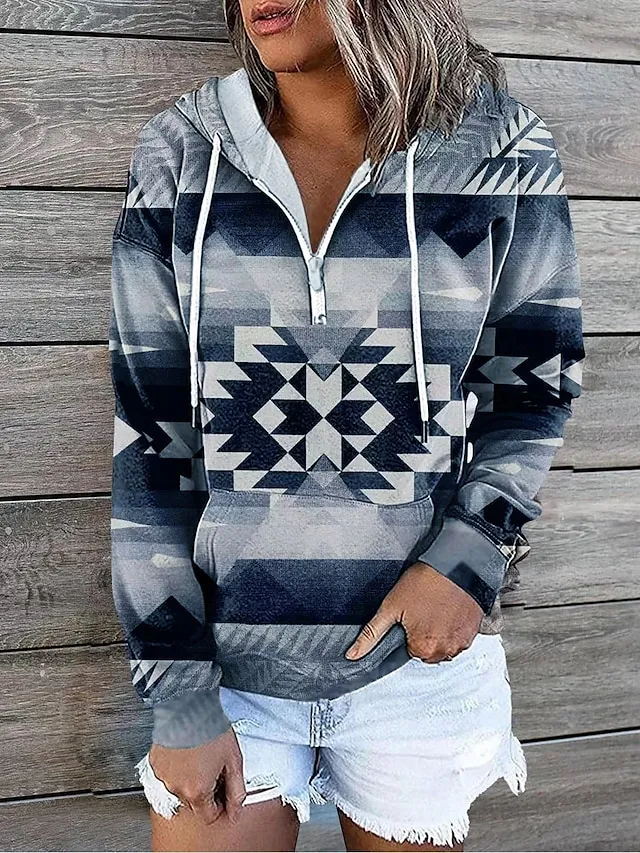 Women's Hoodie Sweatshirt Pullover Vintage Sports Basic Zipper Drawstring Front Pocket Light Yellow Creamy-white smoke grey Geometric Tribal Aztecs Street Casual Hoodie Long Sleeve Top Micro-elastic
