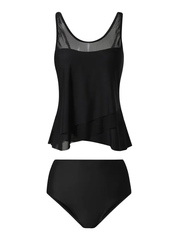 Casual Gathered Plain Scoop Neck Tankini Two-Piece Set