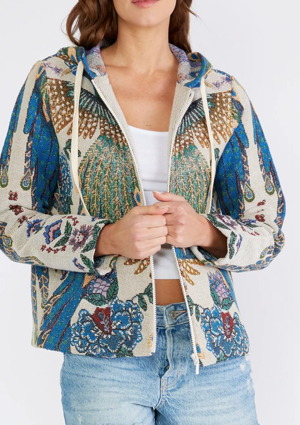 Drawstring Printed Zip Up Hoodie