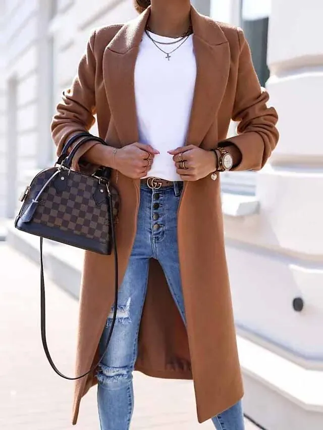 Women's Winter Coat Coat Warm Breathable Work Office / Career Daily Wear Vacation Pocket Drawstring Buttoned Front Turndown Elegant Lady Modern Formal Solid Color Regular Fit Outerwear Long Sleeve