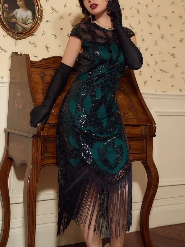Black&Green Sequins 1920s Dress with Tassel