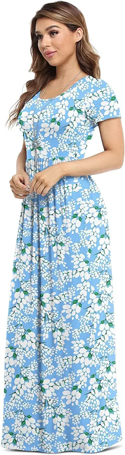 Women's Short Sleeve Loose Plain Maxi Dresses Casual Long Dresses with Pockets