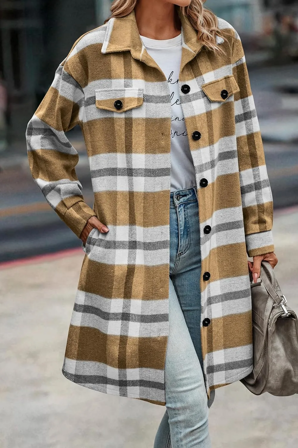 Women's Plaid Shacket 2023 Long Sleeve Button Up Flannel Shirt Winter Tartan Jacket Woolen Coats