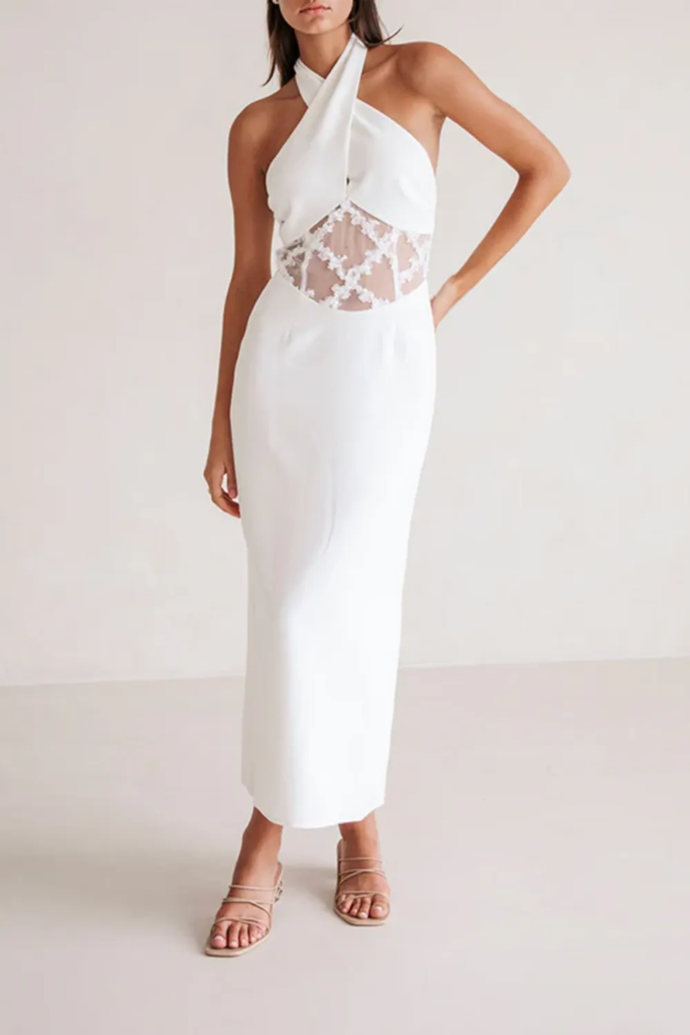 Halter Neck Mesh Insert Midi Dress