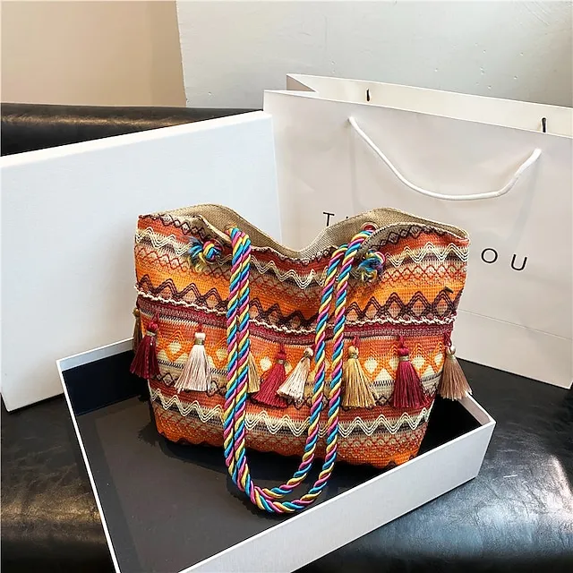 Women's Tote Shoulder Bag Hobo Bag Straw Bag Polyester Holiday Beach Tassel Zipper Large Capacity Breathable Lightweight Color Block Patchwork Folk Red Blue Orange