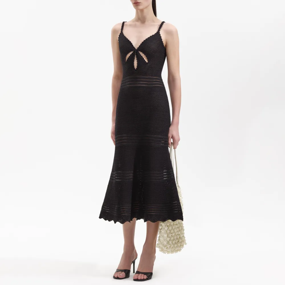 Black Crochet Cut Out Midi Dress