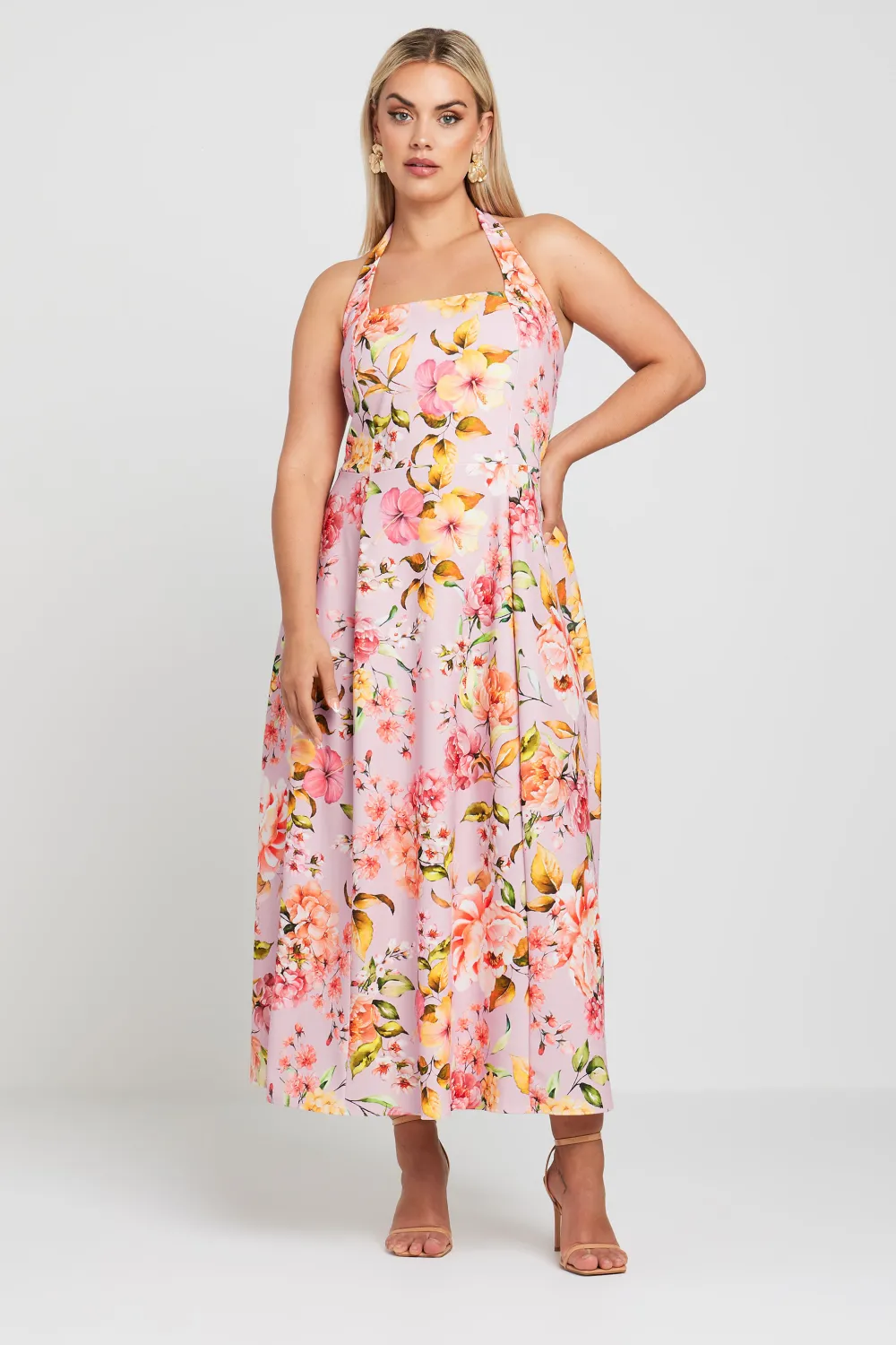 YOURS Curve Pink Floral Print Halter Neck Midaxi Dress