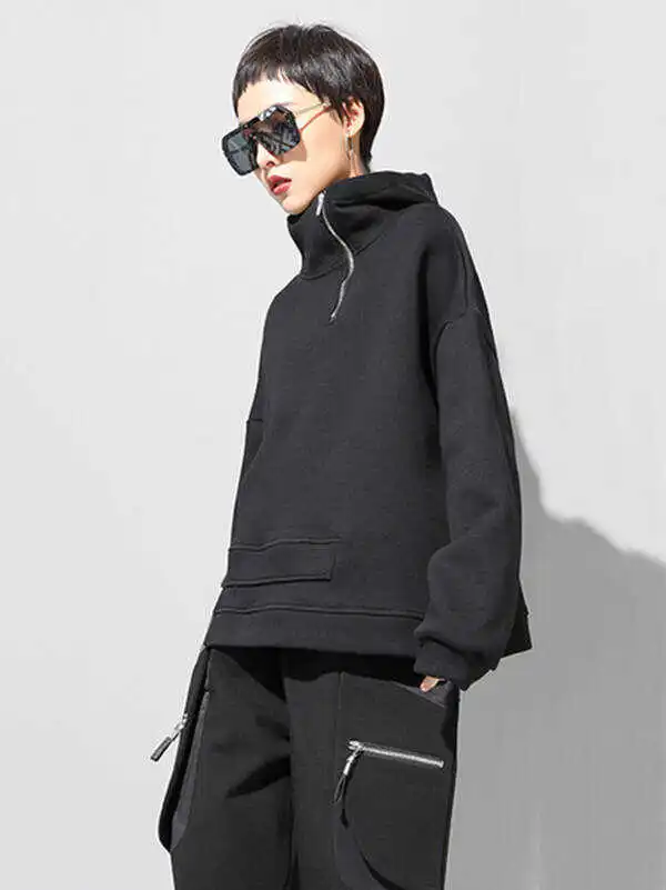 Stylish Black Asymmetric Zipper Hoodies