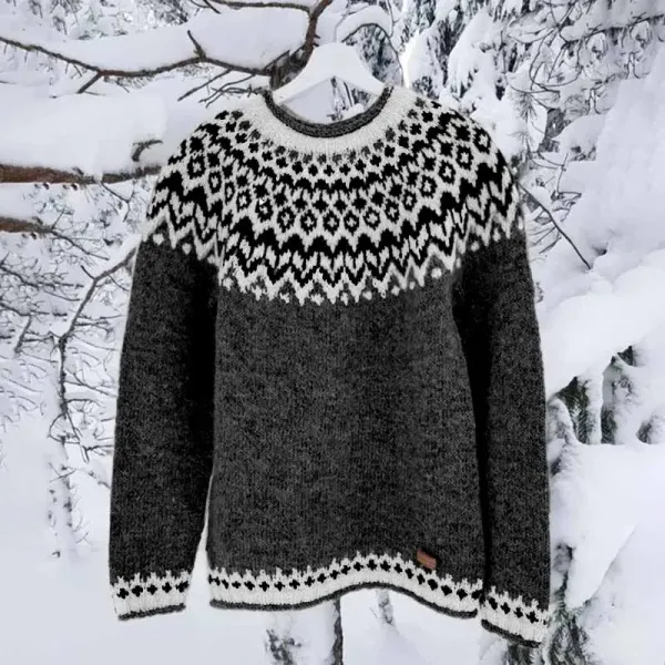Vintage Icelandic Knit Jacquard Islender Crew Neck Sweater(Unisex)