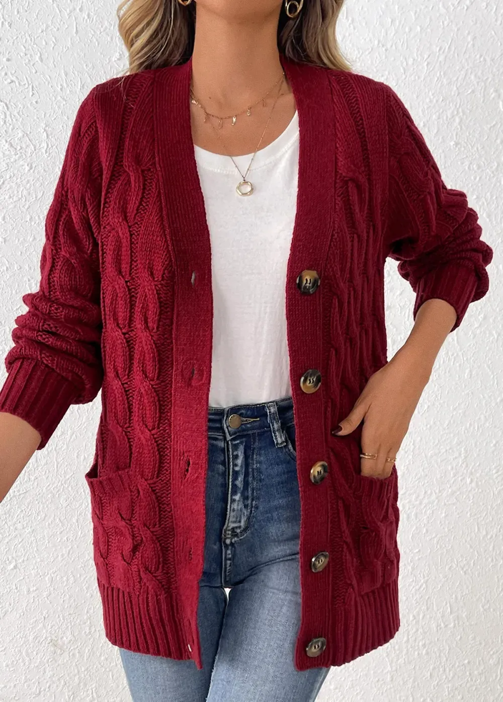 Wine Red Button Long Sleeve V Neck Cardigan