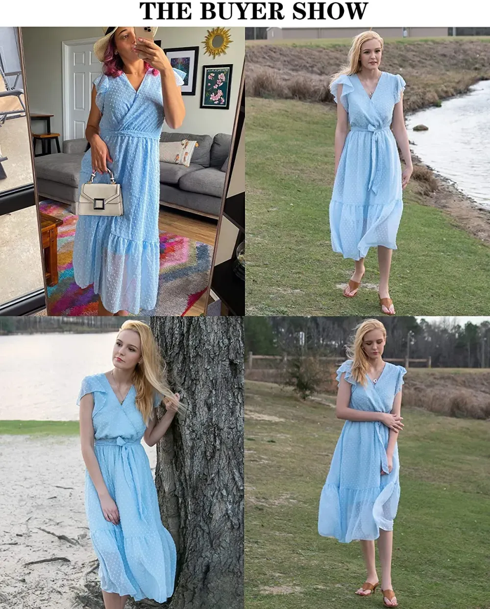 Women Summer Bohemian Floral Casual Wrap V Neck Ruffle Cap Sleeveless Belt A-Line Pleated Hem Swing Midi Sun Dress