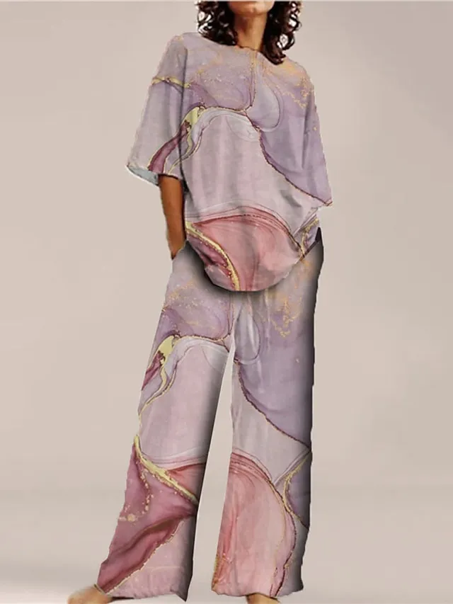 Women's Loungewear Sets Nighty 2 Pieces Gradient Fashion Comfort Home Street Cotton Spandex Jersey Crew Neck Short Sleeve T shirt Tee Pant Spring Summer Green Blue