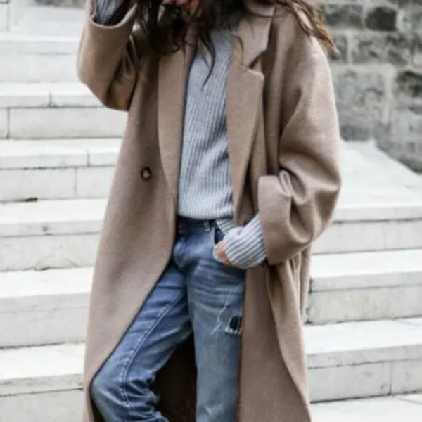 Elegant Long Sleeve Notch Collar Button Detail Oversize Maxi Wool Coat