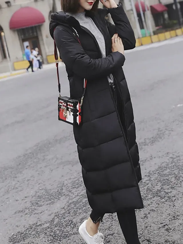 Women's Puffer Jacket Parka Outdoor Street Daily Winter Fall Long Coat Regular Fit Warm Breathable Jacket Long Sleeve Solid Color Green Black Dark Green / Going out