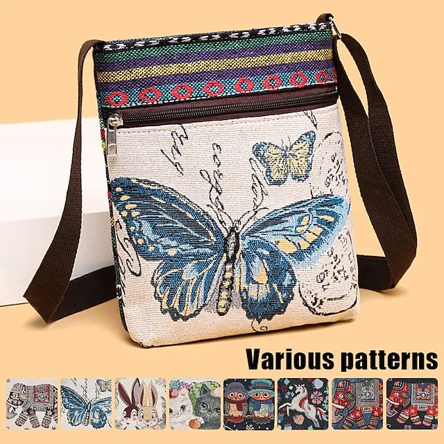 Women's Crossbody Bag Shoulder Bag Hobo Bag Polyester Daily Holiday Zipper Large Capacity Lightweight Durable Geometric Cat Folk [Small Size]Couple Cat [Trumpet] Yellow Elephant [Trumpet] Blue