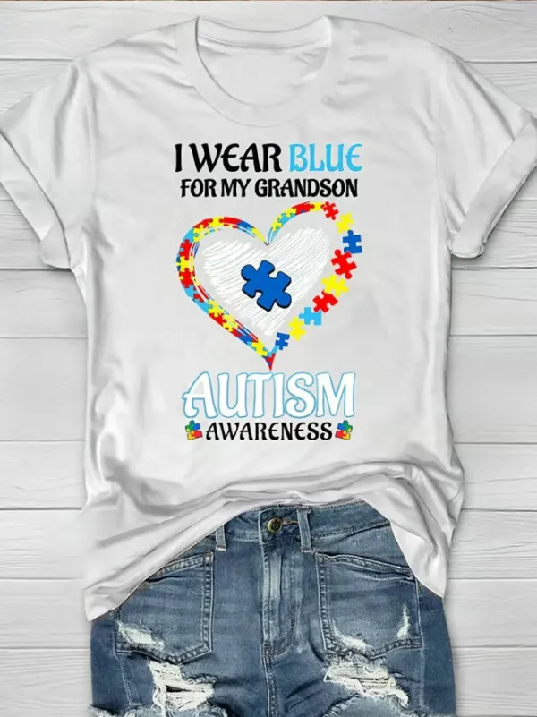 Women'S T-Shirt Women Wear In April To Raise Awareness Of Autism Round Neck Cotton Short Sleeve